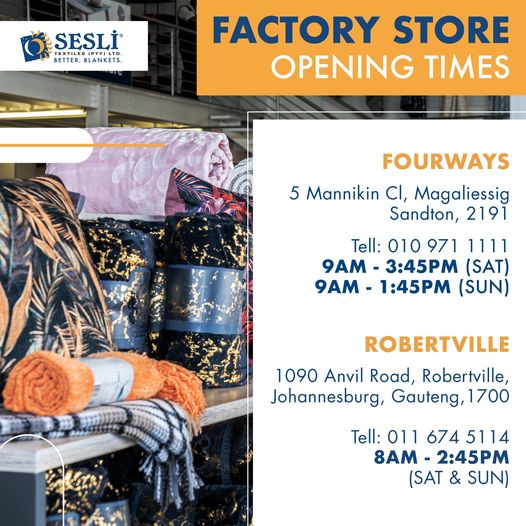 Sesliblankets's tweet photo. Pop into our Sesli factory stores so that we can take care of all your blanket and homeware needs! We're open this weekend in Fourways and Robertville - find our directions at https://t.co/8ZObSE5Th5
Sesli #FactoryStores #Blankets #Home #Throws #HomeNeeds https://t.co/Pq54AHhajq