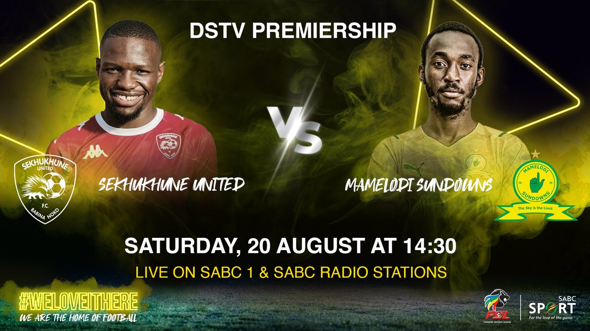 SABC_Sport's tweet photo. 🔥 MATCHDAY 🔥 

🏆 #DStvPrem
⏰ 14:30
⚽️ Sekhukhune United 🆚 Mamelodi Sundowns
📺 @Official_SABC1
📻 @SABCPortal Radio Stations

#SABCSportFootball https://t.co/3qdO72QvUx