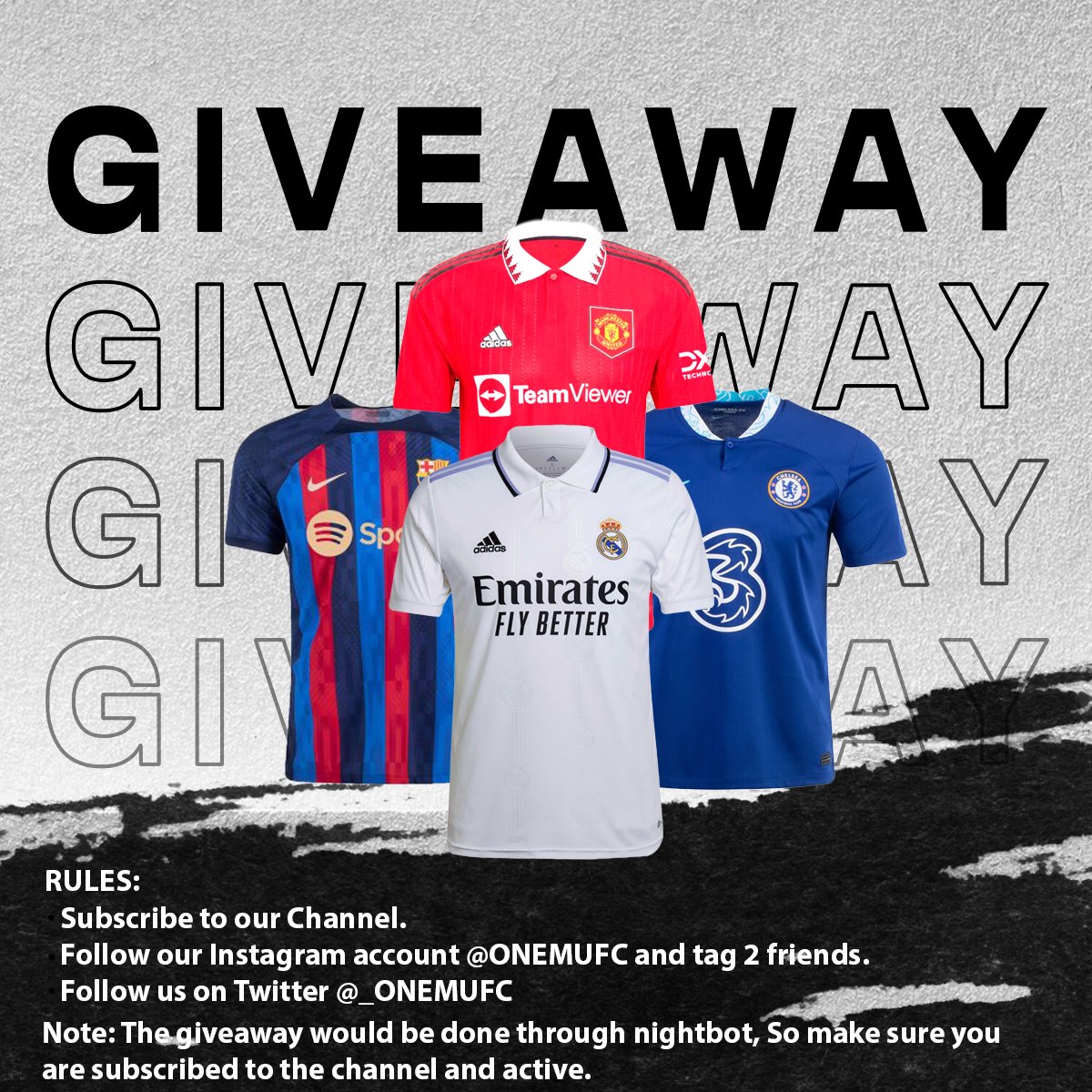Thank you for 30k on YT , Participate in this month's giveaway and stand a chance to win a jersey of your favourite club. 2 LUCKY WINNERS WILL BE SELECTED.
TO WIN:
Subscribe to  @ONE MUFC  on YOUTUBE, 
FOLLOW US ON INSTAGRAM &amp; TAG YOUR 2 FRIENDS THE POST &amp;
FOLLOW US ON TWITTER.