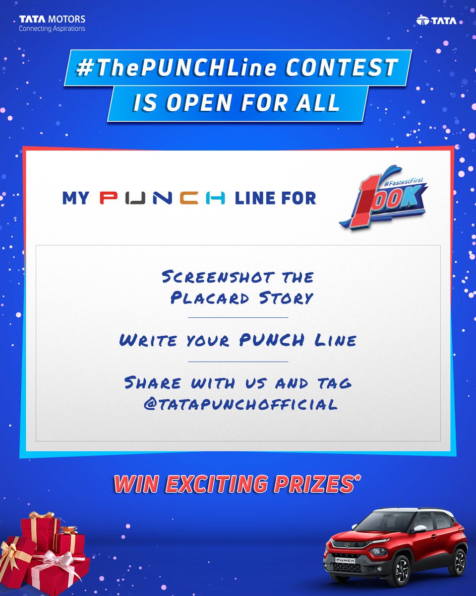 TataMotors_Cars's tweet photo. #ContestAlert!
#PackAPUNCH with the 100K tribe.
Participate and win exciting prizes*
*T&C Apply - https://t.co/q7CxmSqwh5
#FastestFirst100K #VibesWithYou #TataPUNCH #TataMotorsPassengerVehicles #SUV #SUVLife #SUVLovers #CarsDaily #Contest https://t.co/jmgIjwkTZb