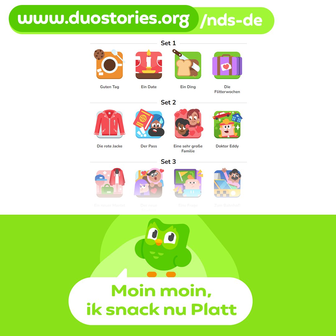 Willst du #plattdeutsch lernen? 🧐📖
➡️duostories.org/nds-de
Das inoffizielle Duostories-Projekt hat nun 40 Stories für Plattdeutsch. Veel Pläseer!

#duolingo #duostories #platt #plattdüütsch #plattdütsch #niederdeutsch #lowgerman #languagelearning #language #stories