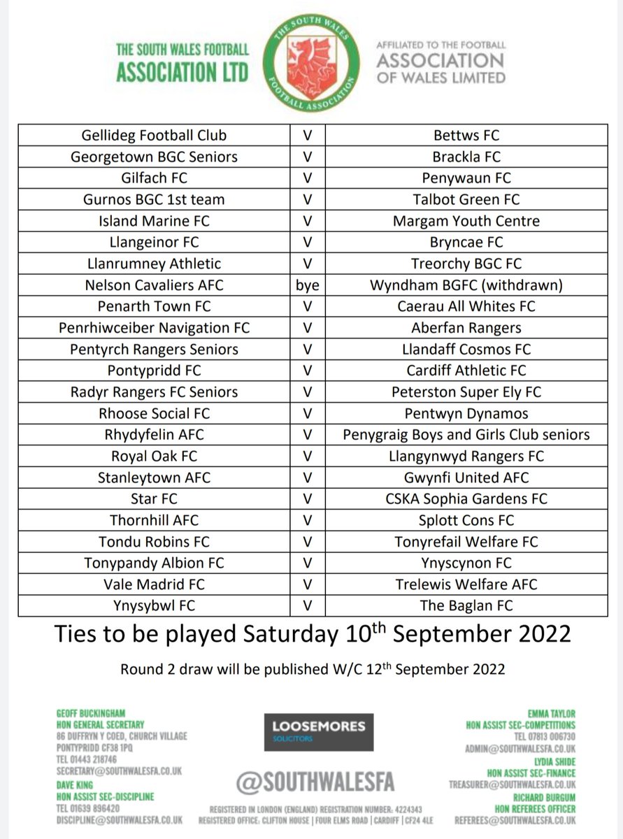 SouthWalesFA's tweet photo. The Loosemores Senior Cup first round draw has been made.

Ties to be played on Saturday 10th September 2022.

Teams entered &amp; paid but not drawn have received a bye into the next round. https://t.co/3Z4yONsjGg