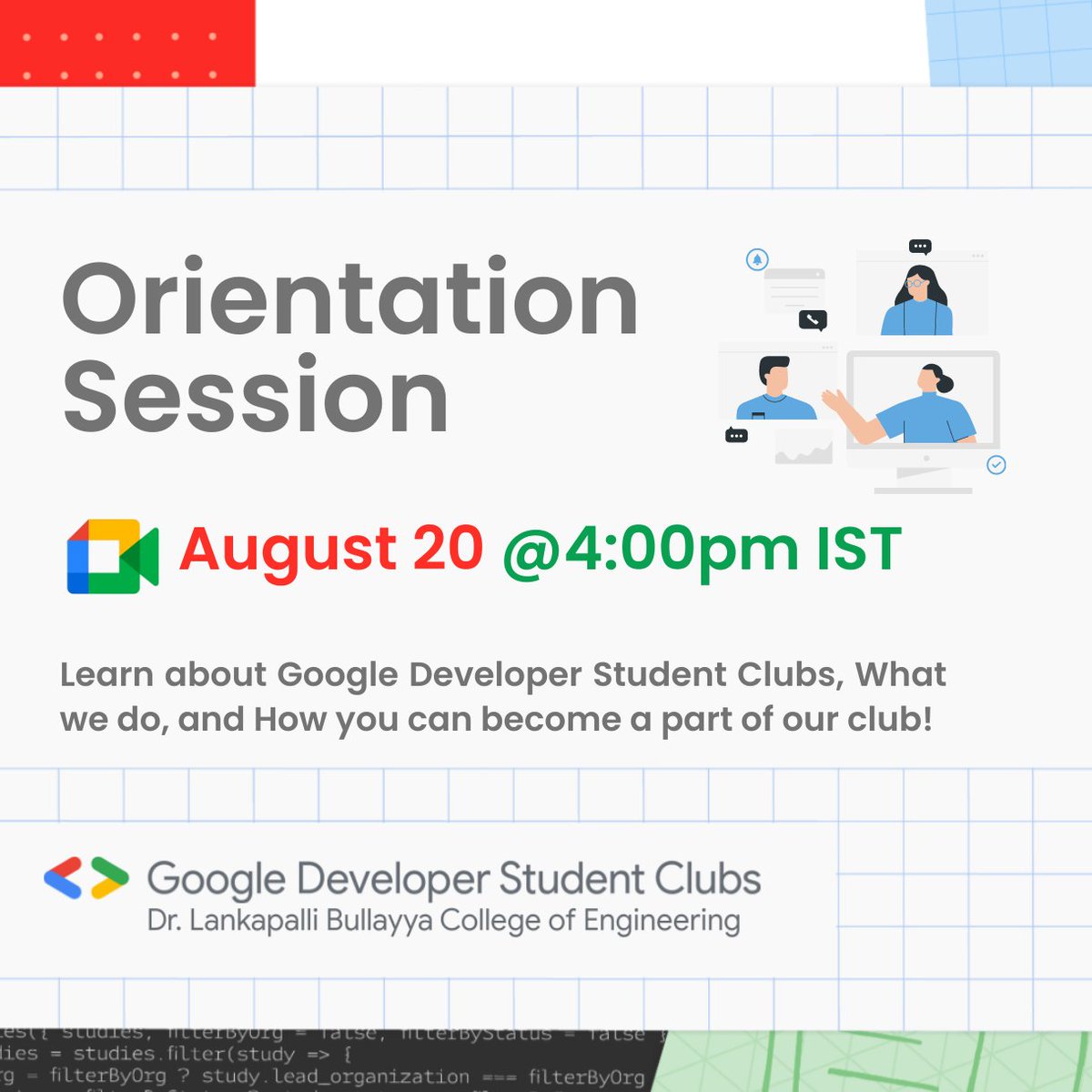 GdscLbce's tweet photo. Google Developers Students Club, DLBCE is organizing an Orientation Session for the 2022 Batch today.

The main motive of this session is to make you familiar with our club.

We are pleased to announce our first Info-Session:

Date 🗓️: 20th August 2022
Time 🕒: 4-5 PM https://t.co/XiBiwYySkO