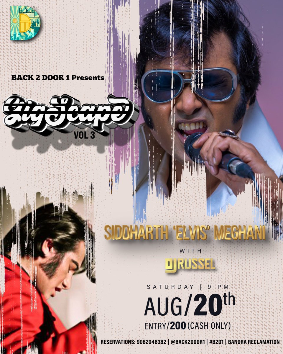 #GigAlert #Gigscape #bandra
Tonight - Aug 20, Siddharth “Elvis” Meghani &amp; @thedjrussel will be Taking Care of Business ‘Elvis Style’ at <a href="/Back2Door1/">Back 2 Door 1 - Bandra</a> with a little less conversation &amp; a little more music action! Enjoy your perfect Saturdate with us!   
💵 Entry ₹200 (CASH ONLY)