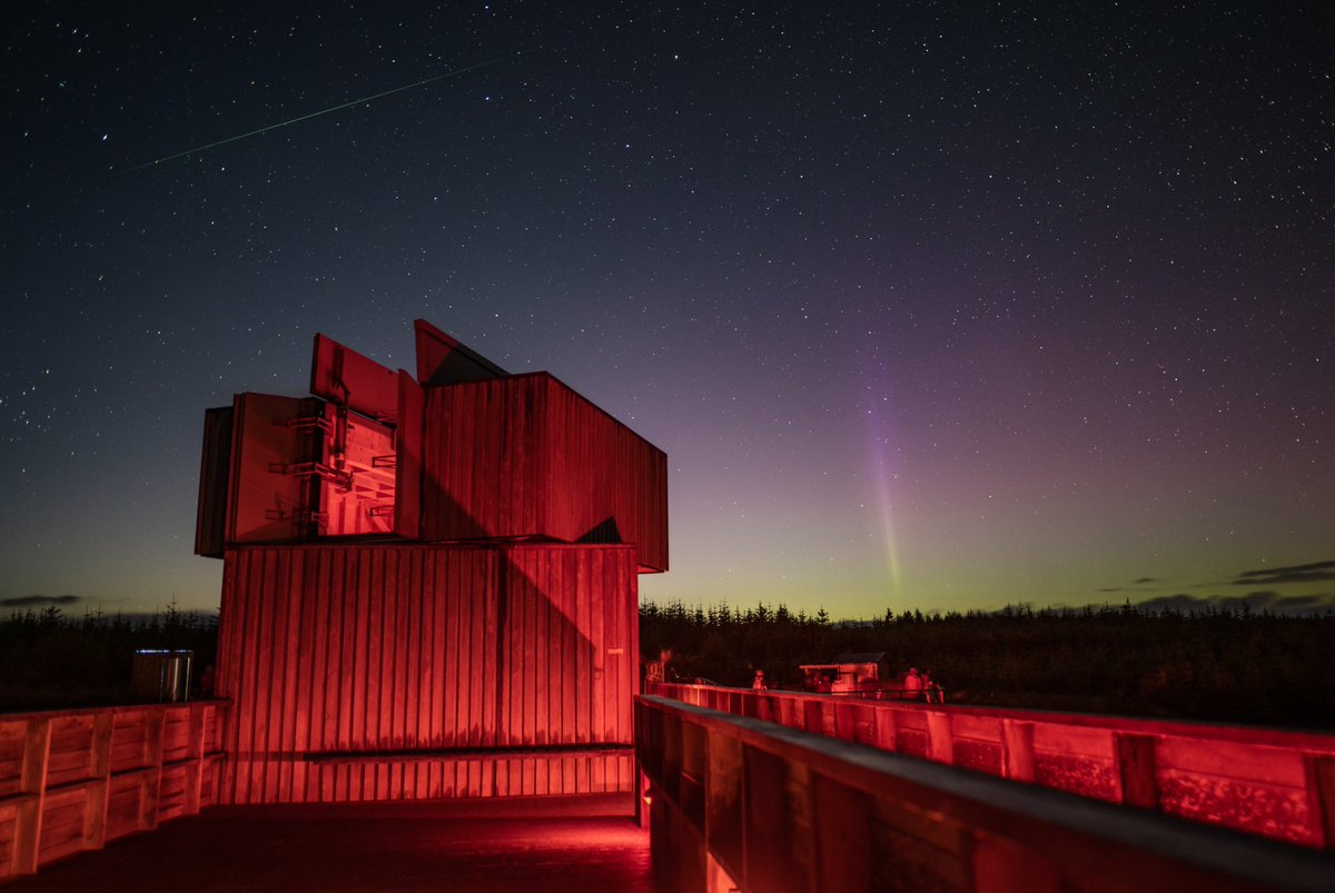 The northern lights and a meteor in one shot! <a href="/kielder_obs/">Kielder Observatory</a> 

Last night we got a brief glimpse of the aurora when a very obvious spike appeared to grow from the horizon. I set my camera up ASAP and was incredibly lucky to catch a green perseid meteor at the same time! 😍🤯