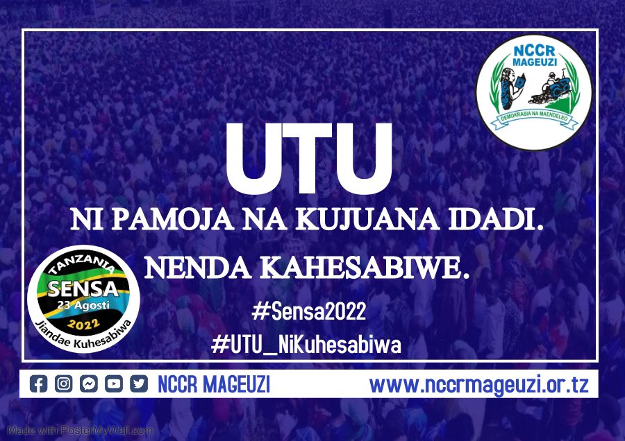 UTU

NI PAMOJA NA KUJUANA IDADI.
NENDA KAHESABIWE.

#Sensa2022
#UTU_NiKuhesabiwa
#UtuItikadiYetu 
#TheFutureIsBlue