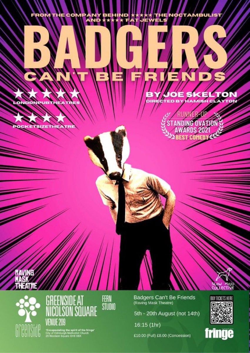 ravingmask's tweet photo. How is today our last performance of Badgers Can’t Be Friends at the Edinburgh Fringe?!?

Thank you so much to our amazing audience for coming to see us @GreensideVenue, we couldn’t have asked for a better @edfringe run. If you’ve not seen it yet, todays your last chance! #fringe https://t.co/SH50BB1Hol