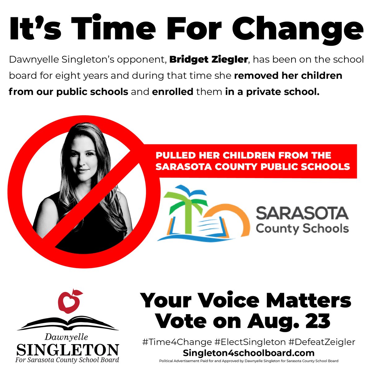 electsingleton1's tweet photo. Yes, it is time for a change. My opponent has had 8 years and has done nothing to support our public schools. Her supporters have even said, “put the adults back in charge!” We agree, and that is why you need to vote for Dawnyelle Singleton. #ElectSingleton #RepresentationMatters https://t.co/H1BsDUEeCl