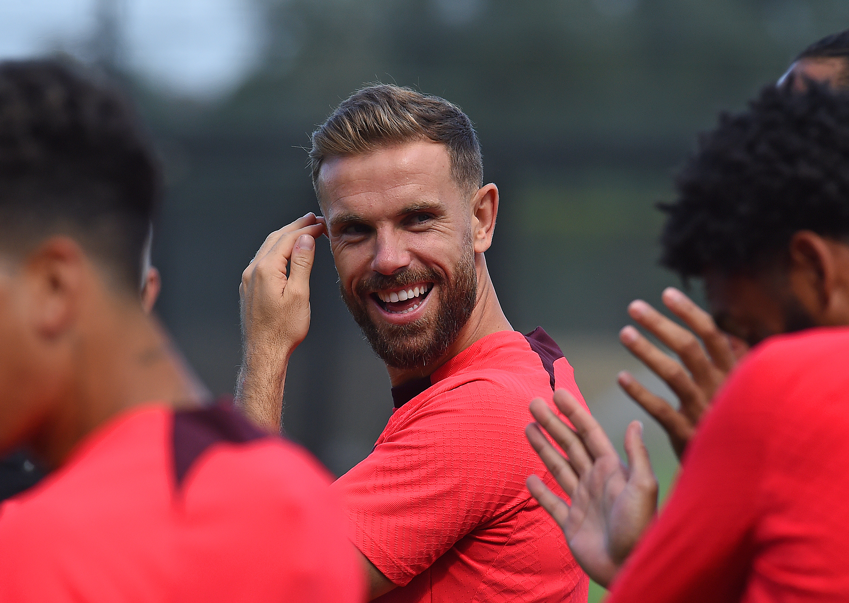 Jordan Henderson smiles during today's training session ahead of our Premier League fixture against Manchester United.