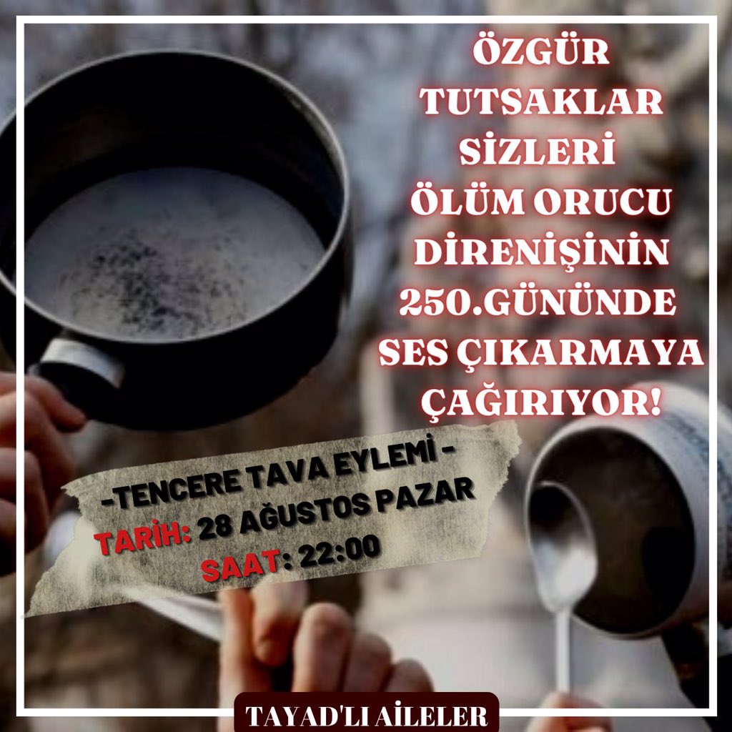 Tüm Halkımızı Ölüm Orucu Direnişçileri Sibel Balaç Gökhan Yıldırım ve İleri Kızılaltun’un sesi olmak için 28 Ağustos saat 22.00’da tencere tava eylemine davet ediyoruz!

Yaşasın Ölüm Orucu Direnişimiz!
Yaşasın Sibel Gökhan İleri!