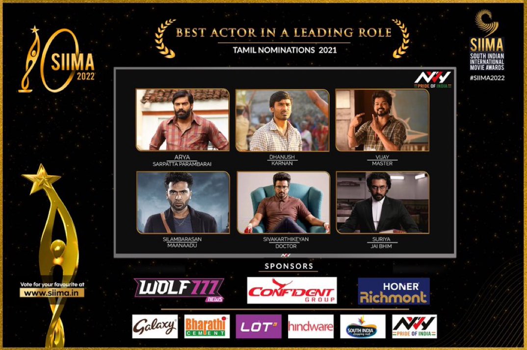 sridevi sreedhar (@sridevisreedhar) on Twitter photo SIIMA 2022 Best Actor in A Leading Role Nominations | Tamil
<a href="/SilambarasanTR_/">Silambarasan TR</a> for #Maanaadu
<a href="/arya_offl/">Arya</a> for #SarpattaParambarai
<a href="/dhanushkraja/">Dhanush</a> for #Karnan
<a href="/Siva_Kartikeyan/">Sivakarthikeyan</a> for #Doctor
<a href="/Suriya_offl/">Suriya Sivakumar</a> for #JaiBhim
<a href="/actorvijay/">Vijay</a> for #Master #SIIMANominations #SIIMA2022 SIIMA 2022 Best Actor in A Leading Role Nominations | Tamil
<a href="/SilambarasanTR_/">Silambarasan TR</a> for #Maanaadu
<a href="/arya_offl/">Arya</a> for #SarpattaParambarai
<a href="/dhanushkraja/">Dhanush</a> for #Karnan
<a href="/Siva_Kartikeyan/">Sivakarthikeyan</a> for #Doctor
<a href="/Suriya_offl/">Suriya Sivakumar</a> for #JaiBhim
<a href="/actorvijay/">Vijay</a> for #Master #SIIMANominations #SIIMA2022