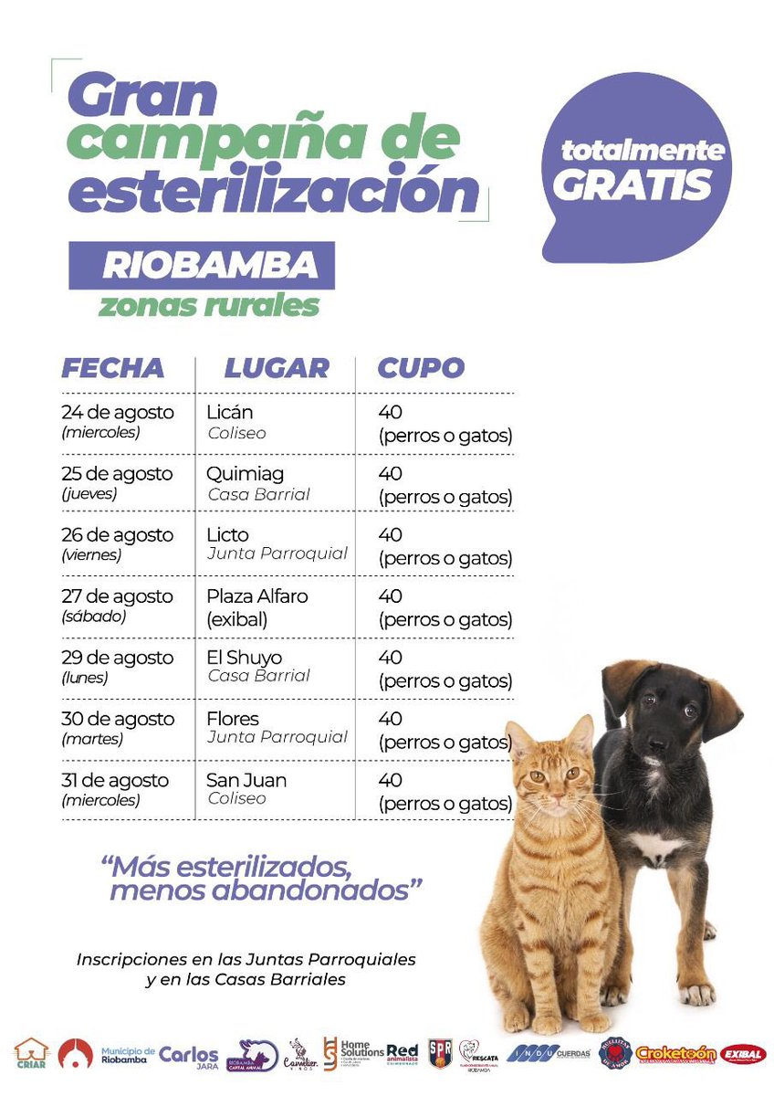 RioCapitalAnima's tweet photo. “Más esterilizados, menos abandonados”🐶🐈

✅Nos hemos articulado diferentes actores y estamos gestionando más de 300 esterilizaciones en lugares periféricos para poner un pare al maltrato animal.

¡Conoce los lugares que estaremos visitando!

#Riobamba #EsterilizarSalvaVidas https://t.co/wpyy2ONkh1
