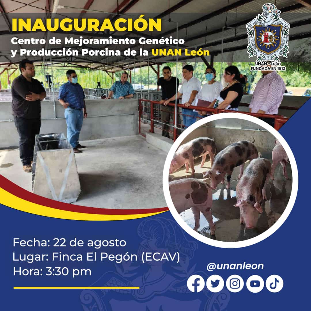 Las Unidades Productivas de la UNAN-León, se complace en invitarles a la gran inauguración de nuestro Centro de mejoramiento Genético y Producción Porcina de la UNAN-León. El cual se realizará el día lunes 22 de agosto del 2022 a las 03:30 pm en la Finca El Pegón.