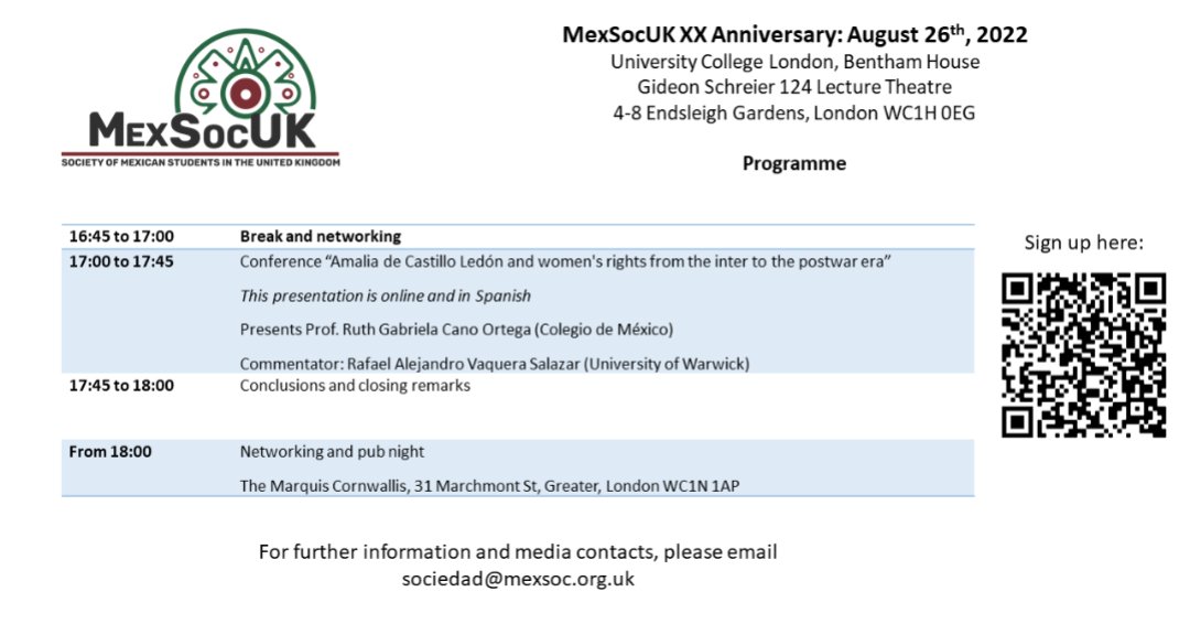 MexSoc_UK's tweet photo. Hosted by @ucl_mexsoc, join us celebrating our XX anniversary at @ucl next Friday August 26th! All members of the public welcome, Mexican and international students, and alumni! #MexSoc20years
Register here: https://t.co/EGpbJGR6ez https://t.co/fQxQjiDnIl