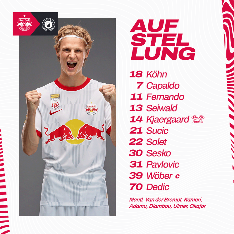 RedBullSalzburg's tweet photo. Diese Startelf schickt Coach Matthias #Jaissle in das heutige Duell mit Klagenfurt! ⚔️ 🔥 #RBSSKA
