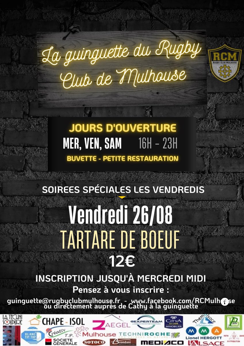RcmSeo's tweet photo. DERNIÈRE SEMAINE DE LA GUINGUETTE !! 

C’est la dernière semaine de la guinguette du RCM, alors venez en profiter ! 

Vendredi, tartare de bœuf préparé par le beau Axel Mazars, INSCRIPTIONS AVANT MERCREDI MIDI 💛🖤 https://t.co/YF19f0I8wb