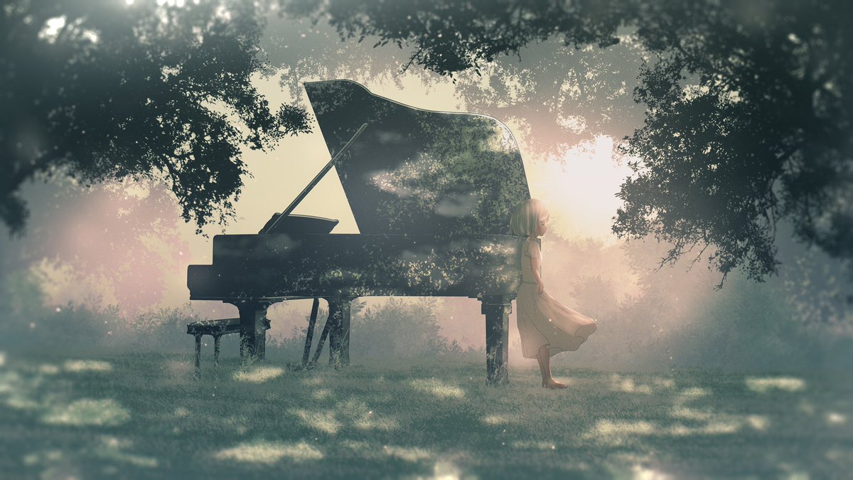 1girl piano dress solo grand piano instrument white dress  illustration images