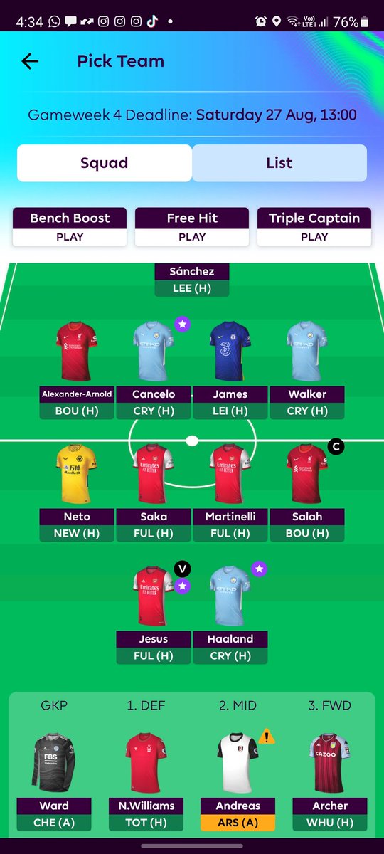 FPL_Jotaa's tweet photo. Lots of directions this team can go (1 FT, 0.7 it):
1. Saka to Diaz
2. Neto to Rodrigo
3. Neto and neco to reed and perisic (-4)
4. Neto and neco to reed and cucurella (-4)
5. Roll the transfer 
What do u guys think? https://t.co/BXvrs5vLH9