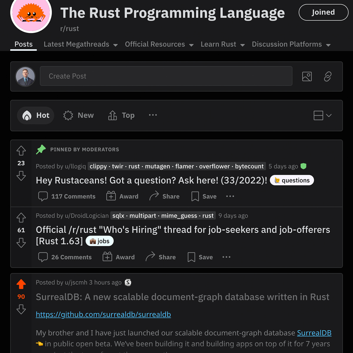 Thank you for all the comments, feedback and support on the <a href="/SurrealDB/">SurrealDB</a> post on <a href="/Reddit/">Reddit, Inc.</a>'s #Rust #subreddit (reddit.com/r/rust/). Honoured to have made the 🔥 'Hot' list.🙌
#cloud #data #database #graph #opensource #reddit #rust #SurrealDB