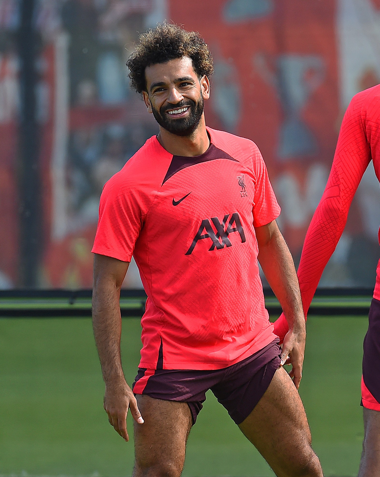 Mo Salah smiling during today's training session ahead of our Premier League fixture against Manchester United.