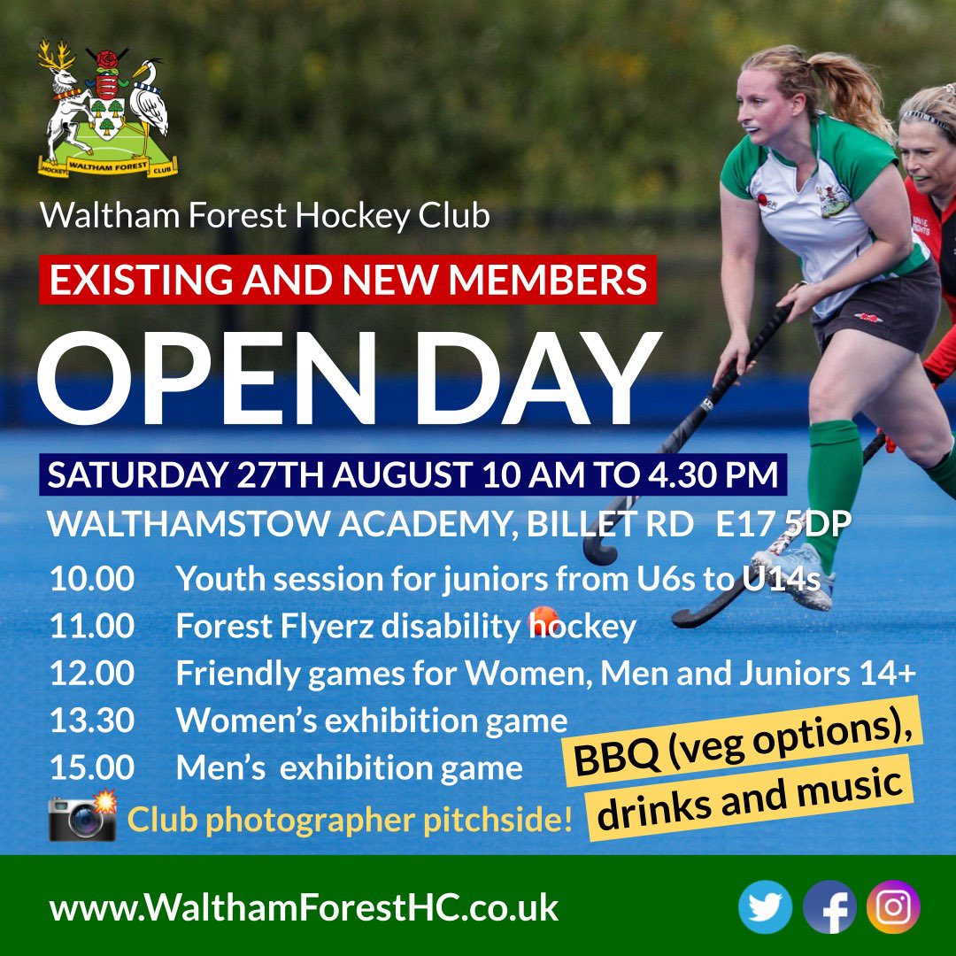 WalthamForestHC's tweet photo. Come along to our Club Open Day on Sat 27 August:
๐ Existing & new players welcome
๐ Meet our friendly members & great coaches
๐ Match play for all - Women, Men, Youth, Flyerz disability group
๐ Bbq, drinks & music!
#hockey #clubday #openday #wfhc #pickupastick #getintosport https://t.co/QwmhFypPPV