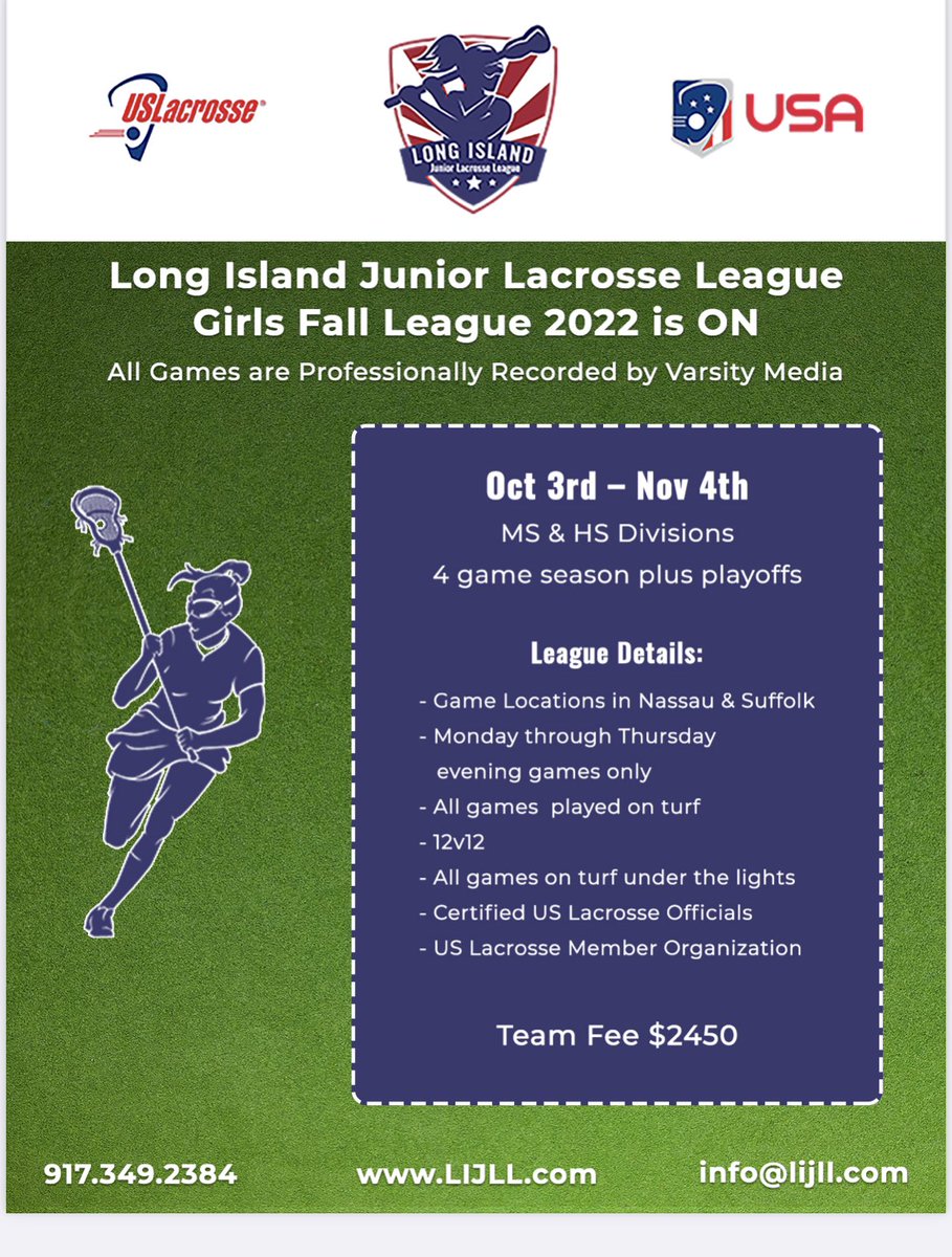 We're baaaaack!! Cant wait to get this party started!!! High School Middle SchoolLIJLL registration is now open for fall 2022!   •Turf fields in Suffolk, w Suffolk and Nassau.   •Games Mon-Fri •4 games + playoffs •Varsity media will be filming all games register asap