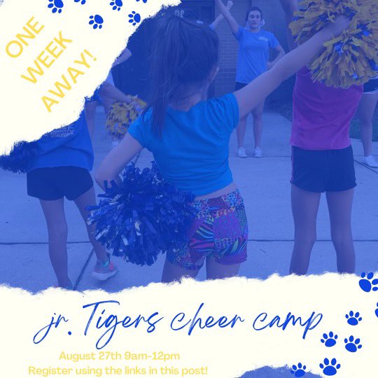 We are one week away from our Jr Tiger Cheer camp! Date:  Saturday, Aug. 27, 2022 Time: 9am - 12pm Location:  MPHS Main Gym Cost: $35  Registration Link: docs.google.com/forms/d/e/1FAI… Online payment form: events.ticketspicket.com/home