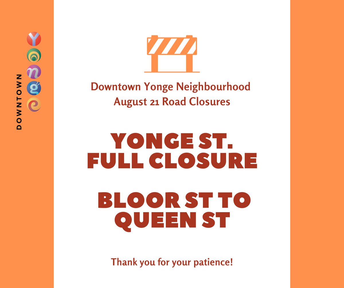 #OpenStreetsTO is back! Expect road closures on Yonge St. between Bloor St and Queen St on August 21, 2022 from 8:30 am to 3:00 pm. For more information, visit openstreetsto.org Come explore the neighbourhood! #YongeLove