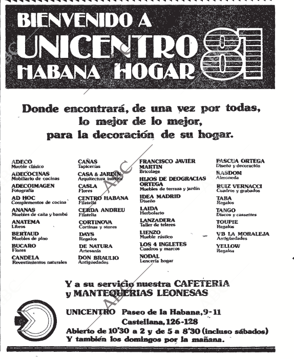 RetailerMadrid's tweet photo. Hoy en #retailvintage 

UNICENTRO HABANA HOGAR 81

¿Alguien lo recuerda?

#Madrid 

Anuncio de ABC del 21/04/1981 https://t.co/Ns4XBvSNr5