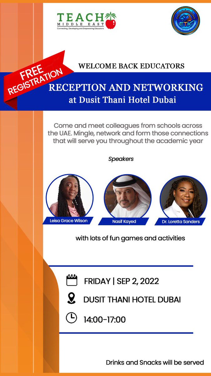 Educators it’s time to meet and mingle. Form those networks that you will call on throughout the academic year. Join us on Friday Sept 2,2022 at the Dusit Thani Hotel Dubai at 2 to 5PM for a networking event like no other. Register for free now formaloo.net/Welcomerecepti… #collabuae