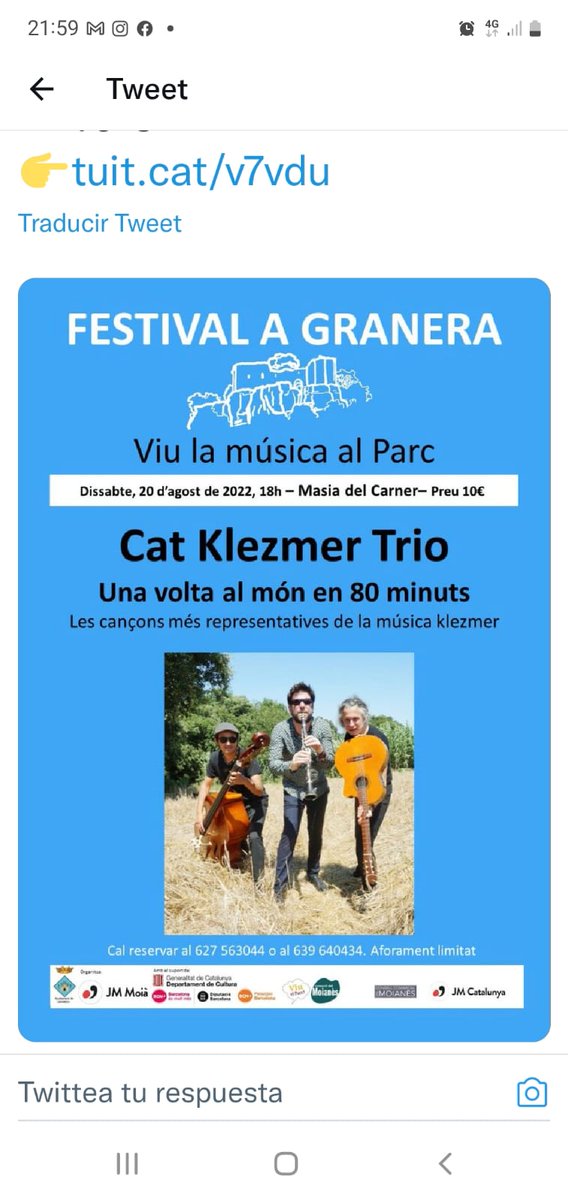 FestivalGranera's tweet image. ➡️Avui,  no perdis passada!! 
🔹Cat Klezmer Trio
🔹Una volta al món en 80 minuts

▪️Dissabte, 20 d'agost
▪️18 h
▪️Masia El Carner,  tuit.cat/g422W
▪️Reserves al 627563044 o al 639640434
▪️10 €
👉tuit.cat/v7vdu