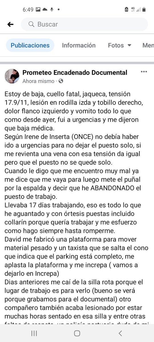 Prometeoencade4's tweet photo. Hoy a las 11.28 debo añadir dolor en las costillas que no puedo ni respirar, pero ABANDONÉ el puesto de trabajo.
@portalento_ @Fundacion_ONCE @ONCE_oficial @ILUNION 
En Facebook de @Prometeoencade4 hay respuestas de otras personas que han sufrido en Ilunion. https://t.co/3Y9Qx1pOny