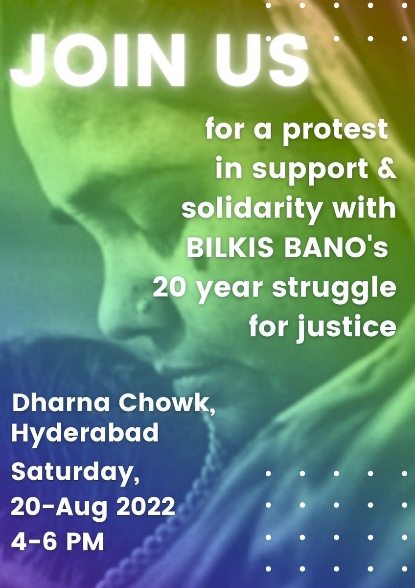 I will be there today at Dharna Chowk in support of and solidarity with #BilkisBano, would you ?

Today(20th Aug), 4-6pm.
Dharna Chowk, #Hyderabad 

@DonitaJose @HiHyderabad @RishikaSadam @KTRTRS @RaoKavitha @SnehaAnnavarapu @CityOrdinary @digitaldutta @SQMasood @WomComMatters