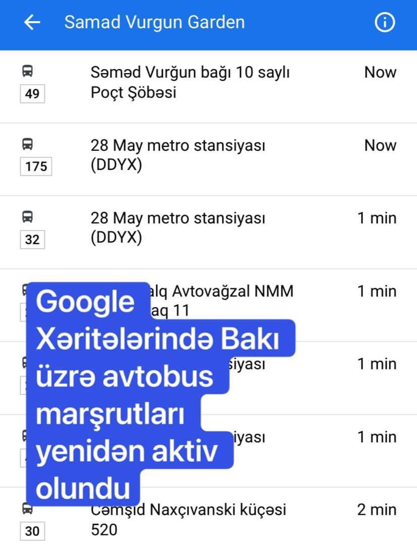 📍"Google Maps" xəritələrində Bakı üzrə hərəkət edən avtobusların hərəkəti yenidən görünür.
