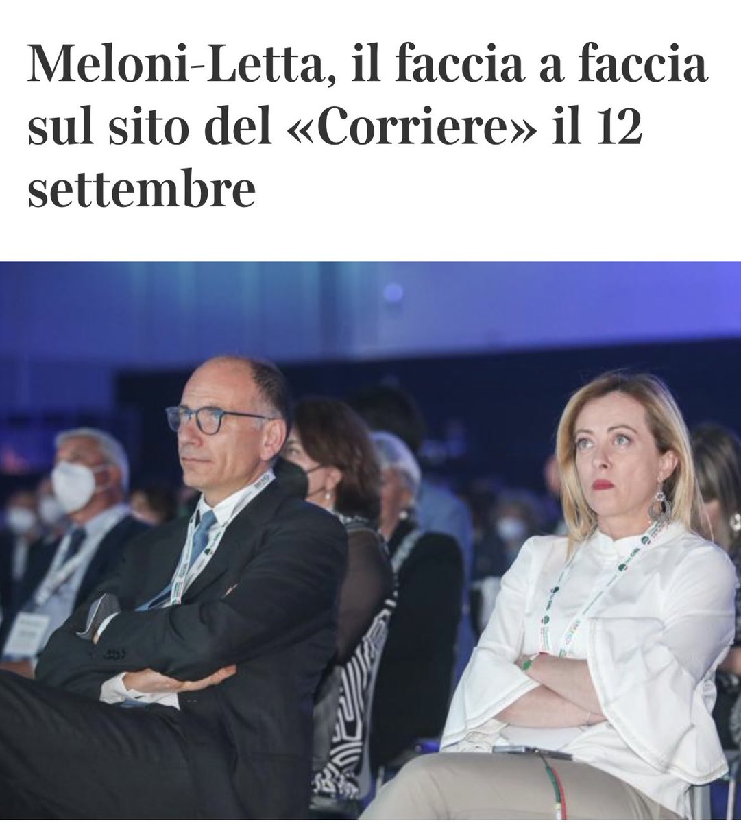 Vi spiego cosa sta succedendo sui confronti. Letta e Meloni stanno dicendo a Rai (Bruno Vespa) e ⁦<a href="/Corriere/">Corriere della Sera</a>⁩ che sono pronti a confrontarsi solo tra di loro. Vogliono continuare questa stucchevole telenovela Sandra e Raimondo. Oggi scriveremo agli editori e ad agcom.
