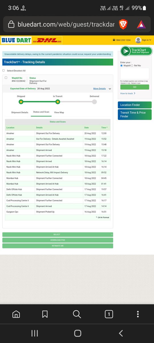 TweakyTalker's tweet photo. @BlueDart_ @BlueDartCares 
Also I live at Chalisgaon (424101)
Don't know for what reason It goes out for delivery at amalner.
This has Happened with me 3 times With Your BlueDart Services.
By far worst experience! https://t.co/5BnYiJ1zc9