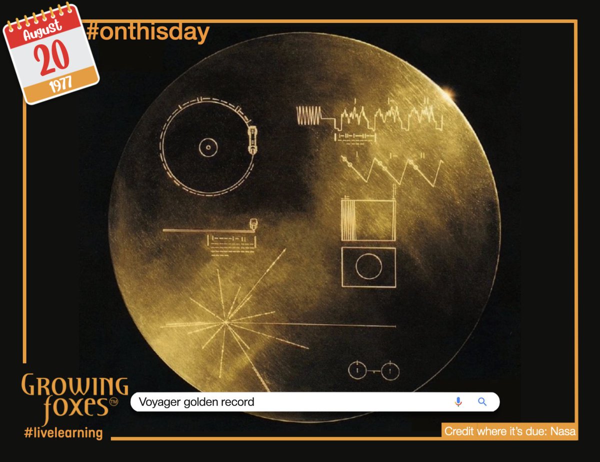 GrowingFoxes's tweet photo. 20 August 1977: Nasa launches the Voyager 2 space probe. In addition to standard data collection technology, it carried a golden record with information, images and audio messages from Earth in case the probe was ever discovered by intelligent alien life. #scope #livelearning https://t.co/fDoUYsHYav