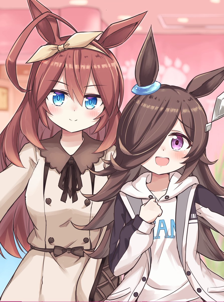 mihono bourbon (umamusume) ,rice shower (umamusume) multiple girls 2girls animal ears horse ears brown hair long hair hair over one eye  illustration images