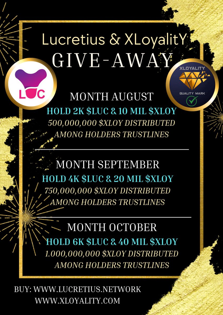 xloyality_Army's tweet photo. 📢📢Announcement

Our new safe coin is LUCRETIUS $LUC
Welcome🤝🍾🥂

🏆 3 months drop for $XLOY &amp; $LUC holders
⚜️ Follow me &amp; @LucretiusNet
⚜️ Tag, RT &amp; Like❤️
⚜️ Month drop: August, September &amp; October

🌐 https://t.co/UPk2b6Wy2H
🌳 https://t.co/TFqdrmTDXP
⏰ Ends October
#XRPL https://t.co/uhfSqcZAOe