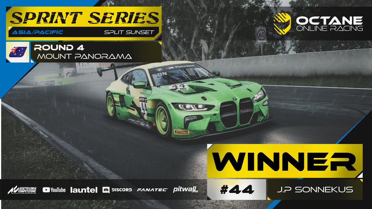 Round 4 ACC Sprint Series action in our #OORAP splits saw the following take home the chequered flags. 

🇦🇺 Mount Panorama
🏆Mini-Endurance (90 Mins) 

Split Sunset: <a href="/Peej16708277/">PeejACC</a> 
Split Ascari: <a href="/aliikhairudin/">alii</a>  
Split Becketts: @CUTdaLOCKstops