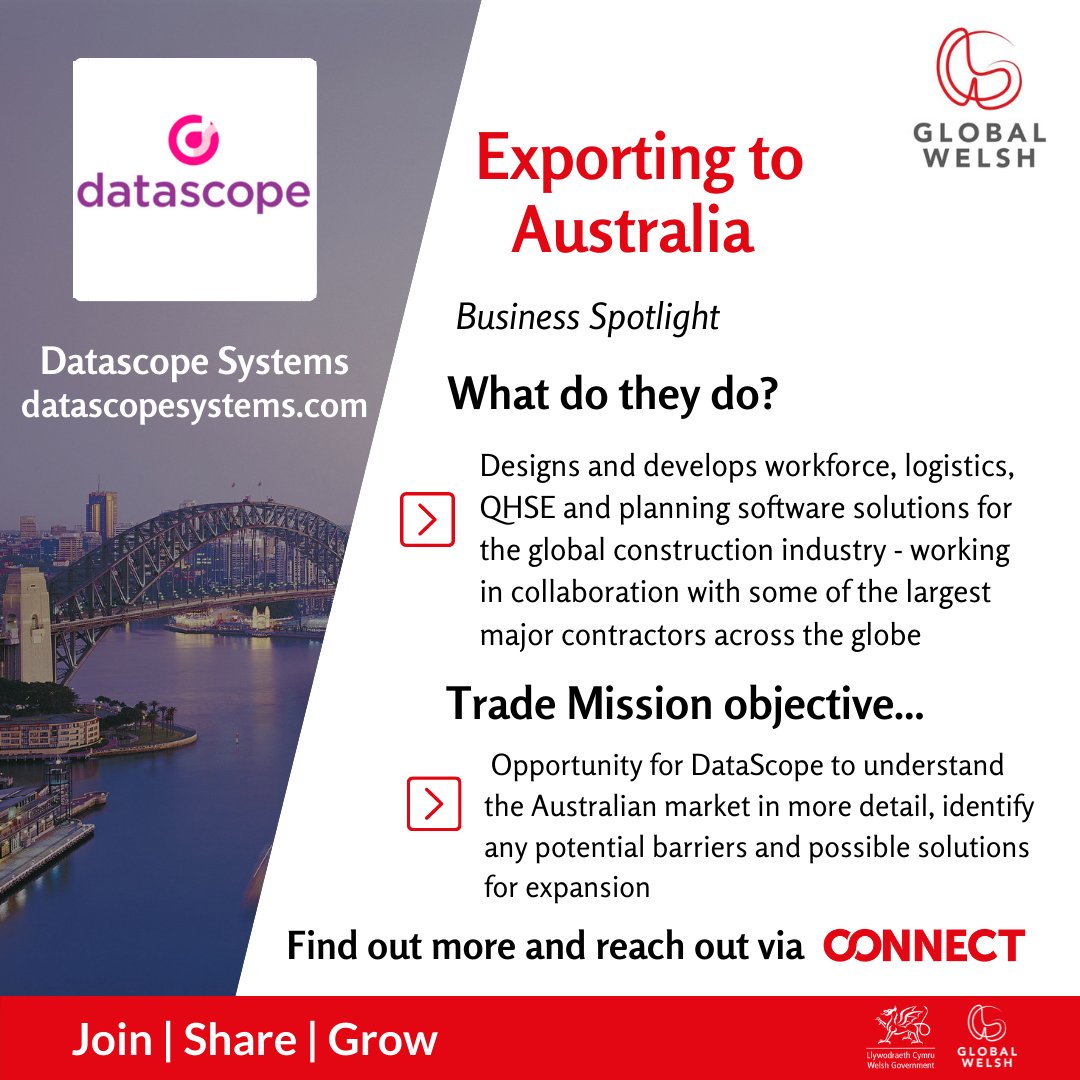 GlobalWelsh's tweet photo. Datascope develops software solutions for the construction industry – working with some of the largest contractors across the globe. Its hope is to establish a dedicated base in Australia with directly employed staff.
Connect >> https://t.co/igveMZx1Bs
#AustralianTrade https://t.co/cyDBj21N3K
