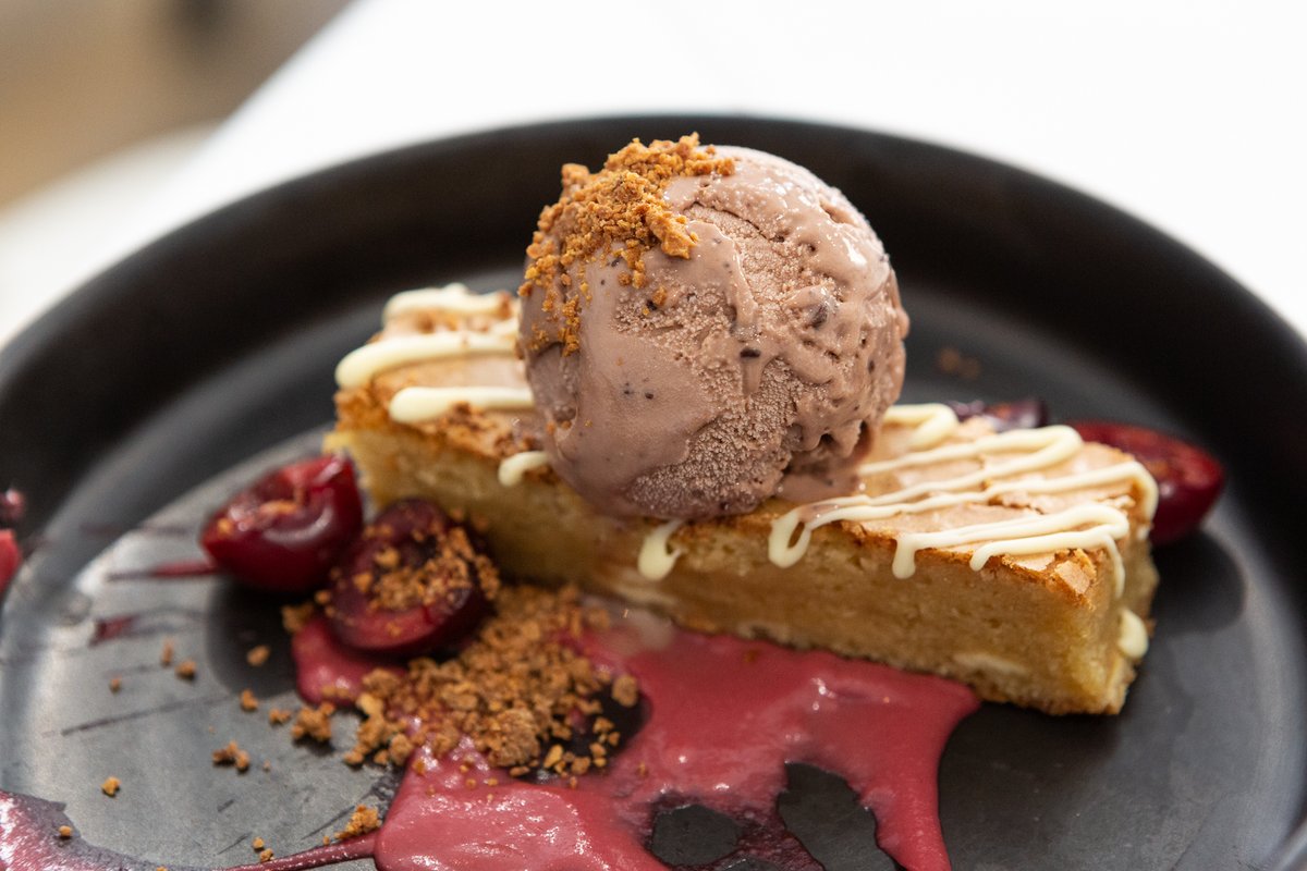 Blondie 
We love her, she's sweet, she's flirty, she's nothing short of delicious. 
Served with cherries and chocolate brownie ice cream.
Try for yourself today, available lunch and dinner 🍽️

#crownatwoodbridge #blondie #foodie #dessertlove #desserts #suffolkfood