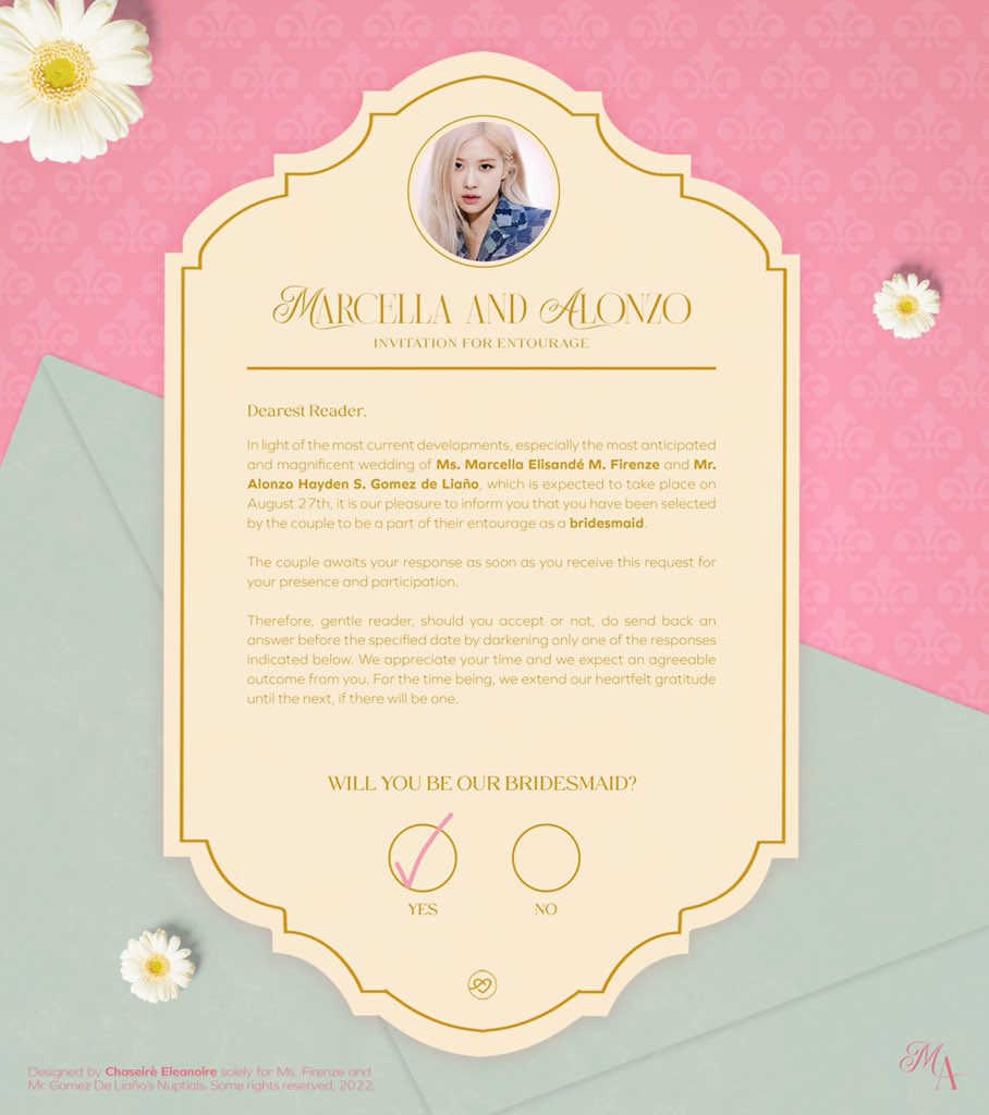 ㅤㅤ 

I, Atlana Zorelle, am more than willing to partake in writing the new chapter of Marcella and Alonzo's Anthology of Love, as their Bridesmaid.

ㅤㅤ