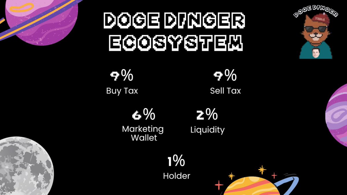 DogeDinger's tweet photo. Here's a glimpse at our #DogeDinger 🐶 ecosystem. All the transactions on this meme token will include ~

▫️ 9% Buy Tax
▫️ 9% Sell Tax

And this will directly dilute into ~

▪️ 6% Marketing
▪️ 2% Liquidity
▪️ 1% Holders

Gearing up for a stealth Launch🎛️ Coming soon⏳ https://t.co/lkJzG9A3L4