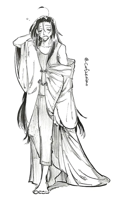 ちょっと久々お絵描き
ま〜た昇仙現代AUで魏嬰

基本ゆるっと動きやすい服着ててほしいけど、家の中で長〜い服も着てほしい

これはきっと藍湛が貢いだくそ高くてめちゃめちゃ着心地の良いガウン…
#MDZS #忘羨 