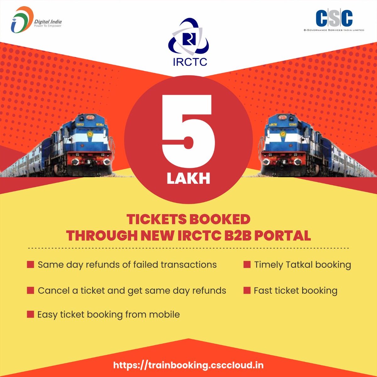 CSCegov_'s tweet image. 5 Lakh TICKETS BOOKED THROUGH NEW CSC #IRCTC B2B PORTAL...

Start Booking Tickets Now: trainbooking.csccloud.in

#CSC #DigitalIndia #RuralEmpowerment #SaturdayVibes #SaturdayMotivation