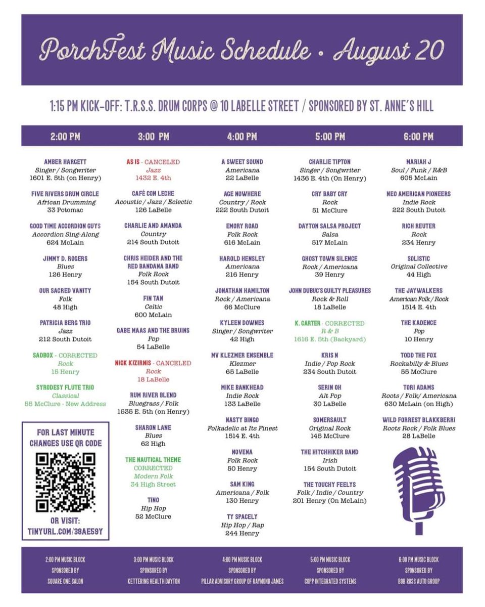 Look at this handy photo of all the fantastic bands and artists playing at <a href="/DaytonPorchfest/">Dayton Porchfest</a> today. We are at 15 Henry St at 2 PM. Bring chairs come enjoy some dad rock. You'll enjoy it. Then go enjoy the rest of the festival.  See you all there! #daytonlocalmusic