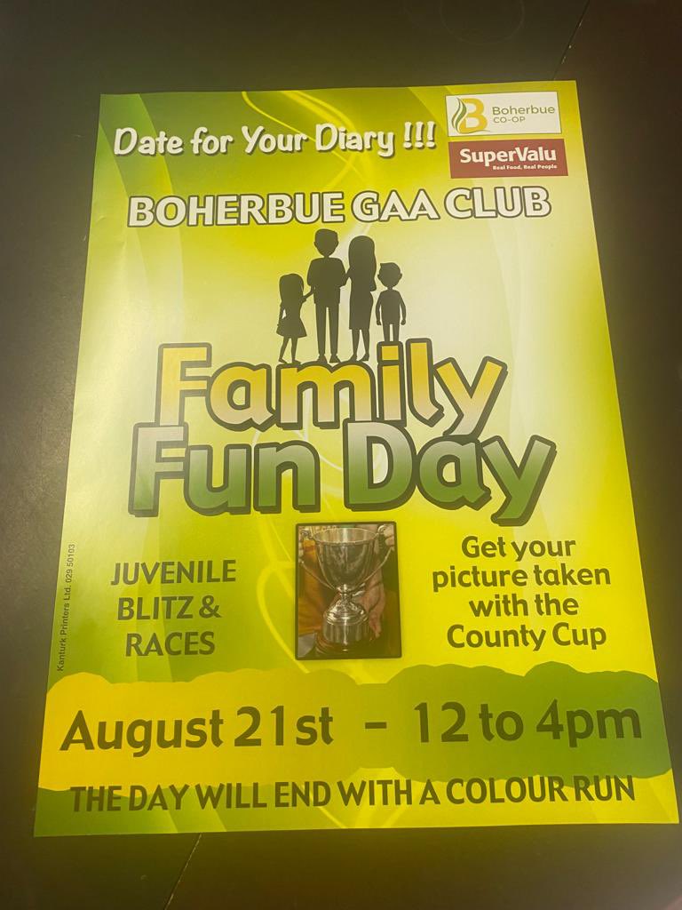 BoherbueGaa's tweet photo. REMINDER: Family Fun day tomorrow August 21st from 12-4pm! Get your picture taken with the county cup and lots of other fun activities! 
Hope to see you all there! https://t.co/Ru2NrqEu5x