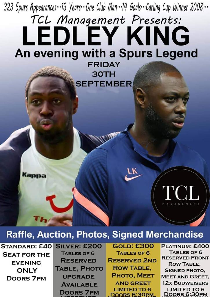 UPCOMING LEGENDS EVENINGS!

With James Collins (hosted by <a href="/announcerphil/">Phil Seymour</a>) - Limited tickets including free meet and greet left.

With <a href="/LedleyKing/">Ledley King</a> - Limited numbers left at each tier, from standard to Platinum. 

Prices below, call 01424444505 or PM to book your tickets ⚽️