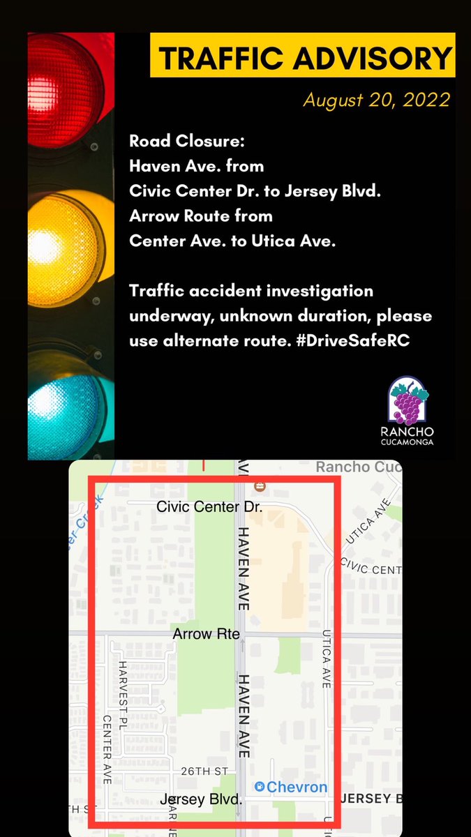 CityOfRC's tweet photo. Traffic Advisory: Road Closures on Haven Ave. from Civic Center Dr. to Jersey Blvd. and Arrow Route from Center Ave. to Utica Ave. Traffic investigation underway, unknown duration. Please use alt route. #DriveSafeRC https://t.co/k2jpQ0lf1K